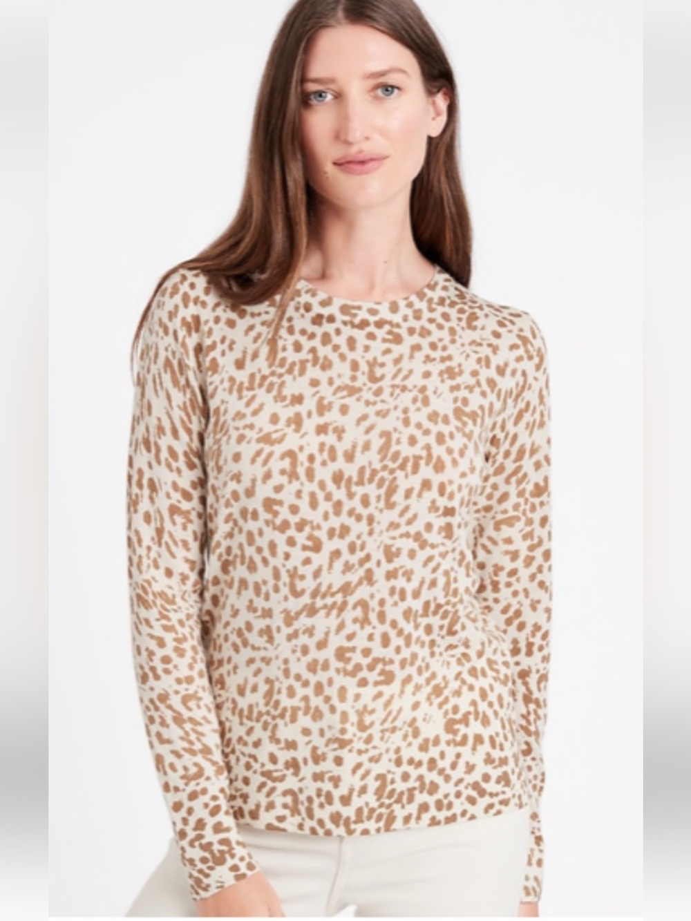 Banana Republic Cream and Camel Tan Leopard Print Crewneck Merino Wool Sweater